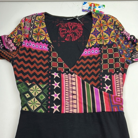 Desigual Women’s colourful 3/4 sleeve  crossover Midi Dress - Picture 2 of 10